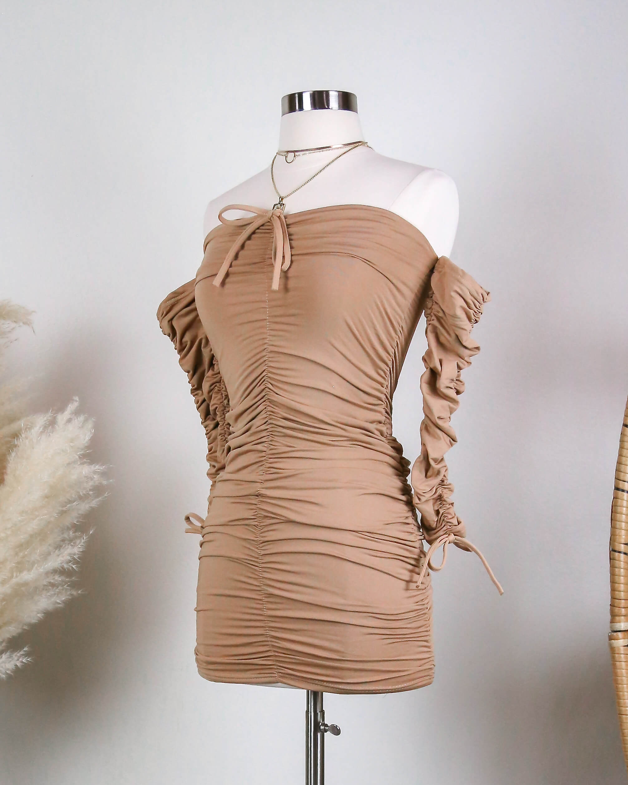 FlirtyHourFleeceLinedRuchedMiniDressinBROWN2