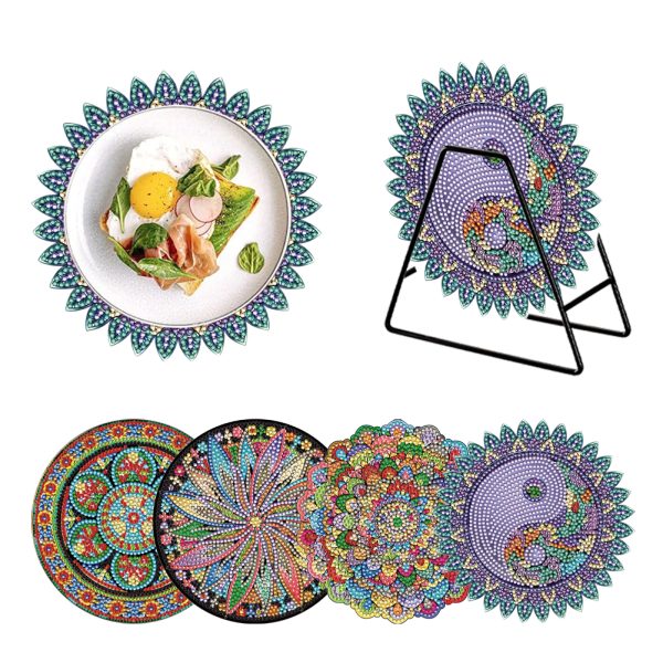 4PCS Wooden Diamond Painted Placemats for Dining Table Decor (Datura)