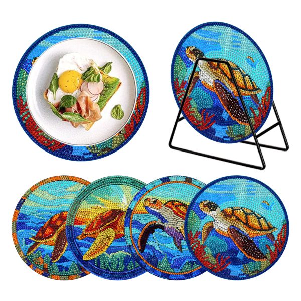 4 PCS Wooden Diamond Painted Placemats Round Placemat with Holder (Sea Turtle)