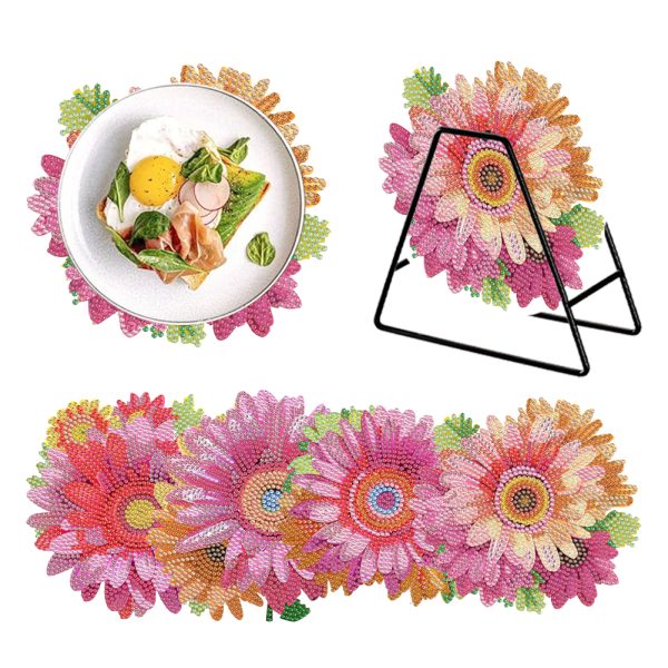 4 PCS Wooden Diamond Painted Placemats Round Placemat with Holder (Flower)